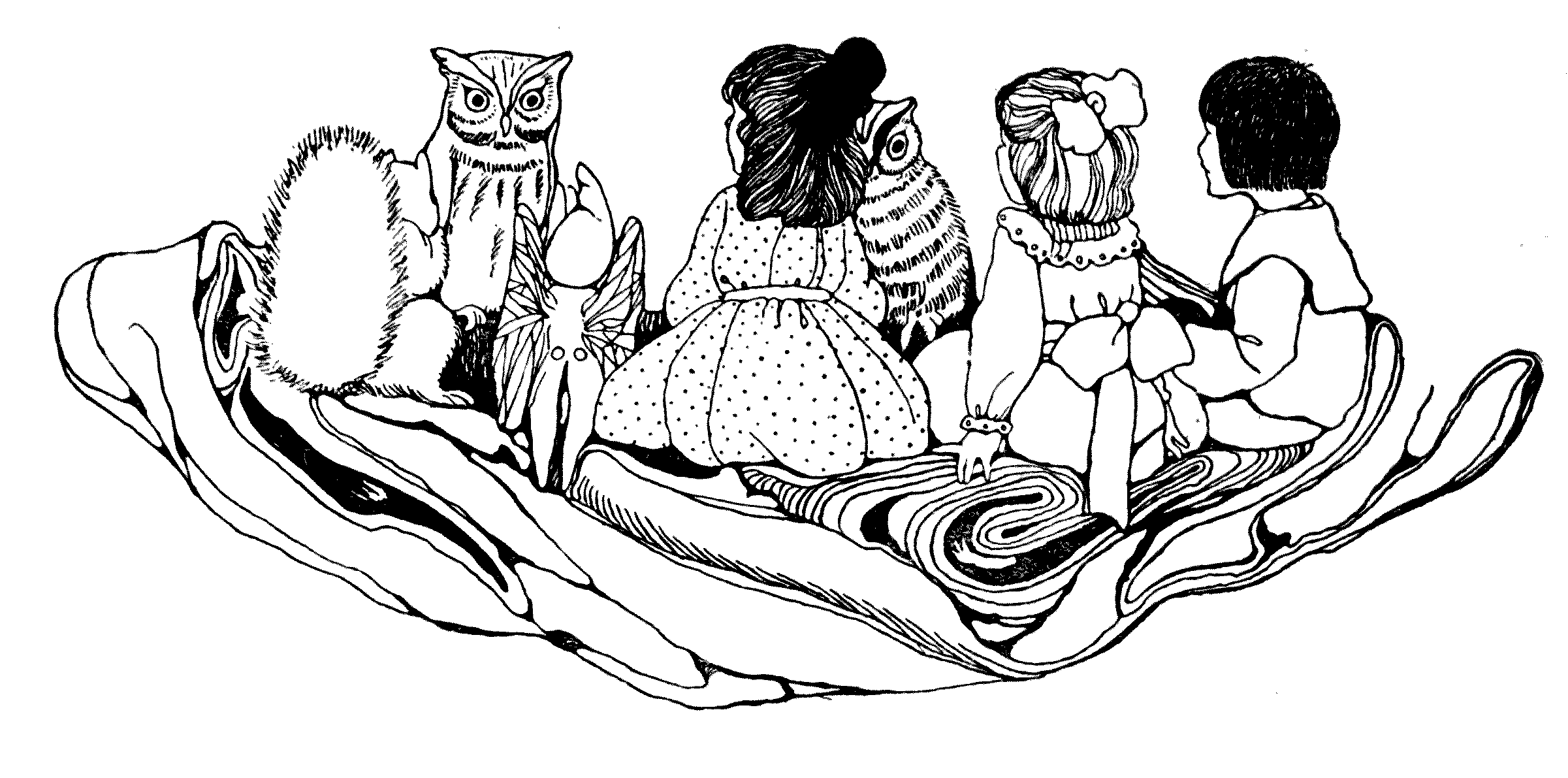 three children sitting on a carpet together with owls, an elf and a squirrel