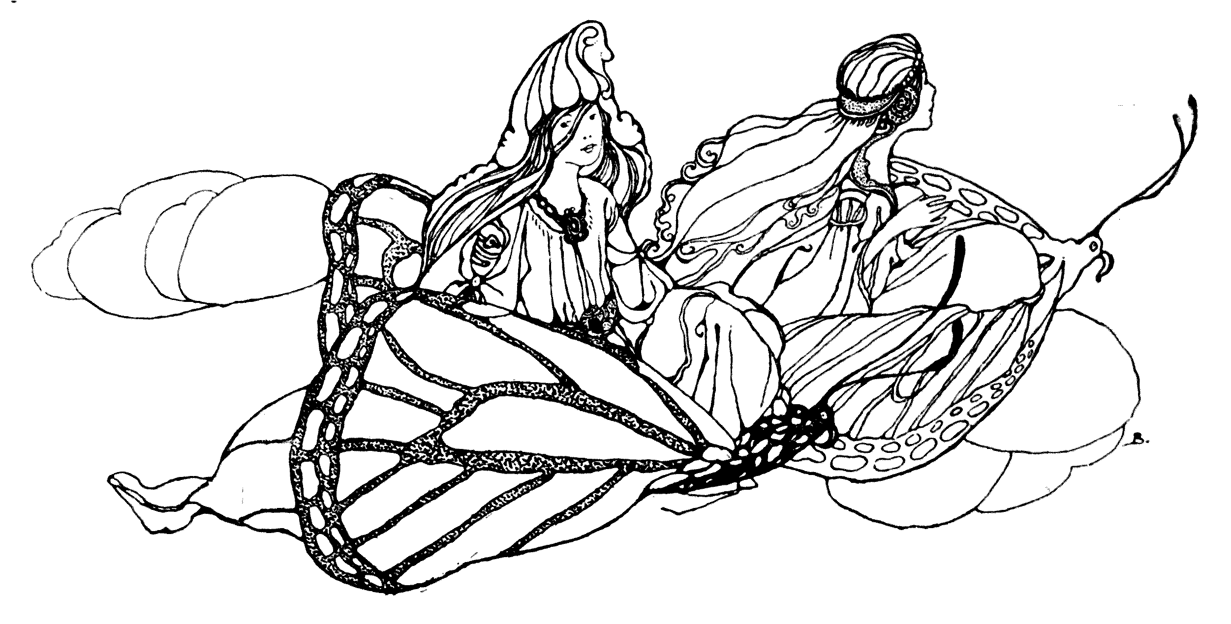 two women flying on butterflies