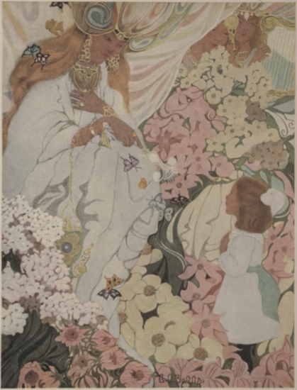 girl standing before a queen amidst flowers