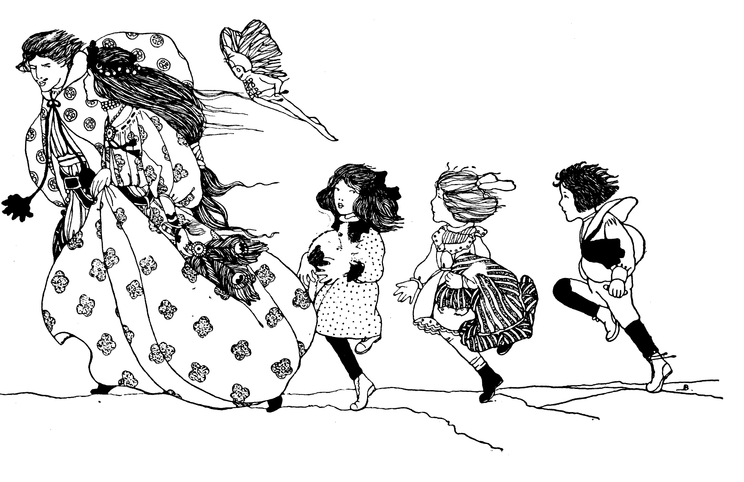 young man, dressed in a wide robe, accompanied by a flying elf, leading three children