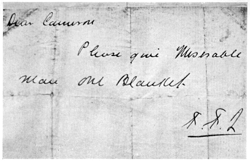 A handwritten letter in cursive saying "Please give Miserable Man one blanket." from T. T. Q.