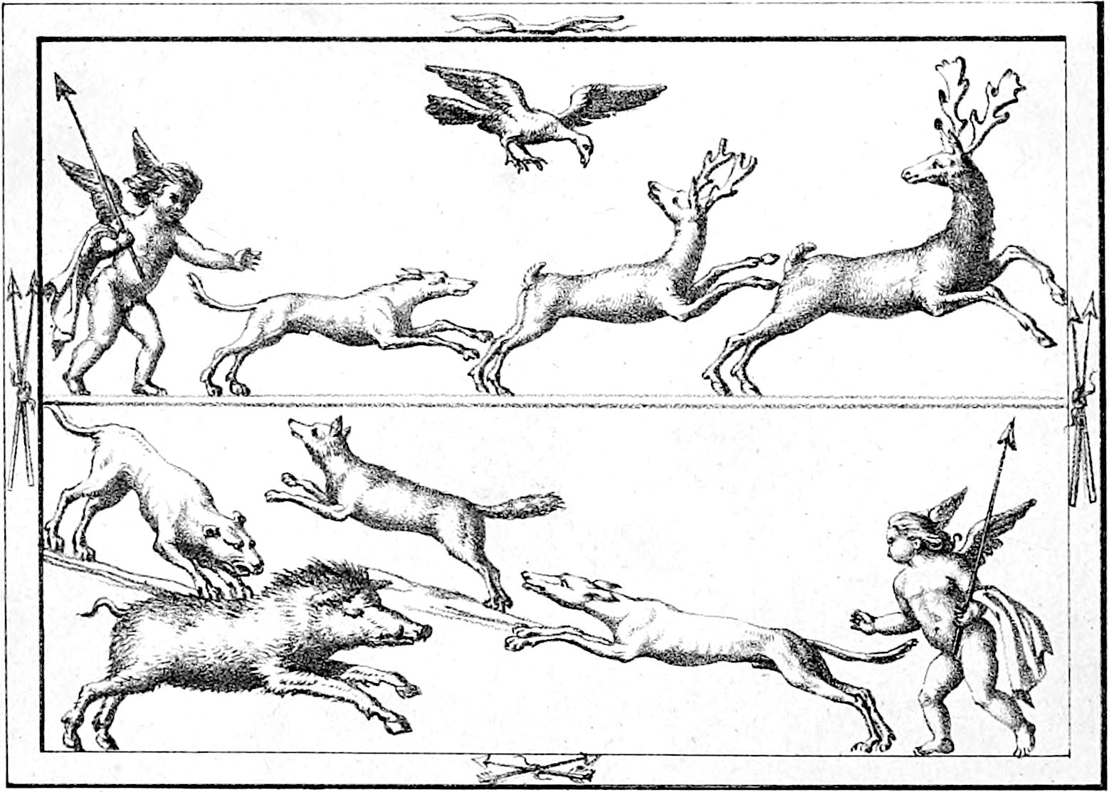 Genii hunting from Maffei: Gemme Antiche. Greyhounds chasing a fox, stags, and a boar.