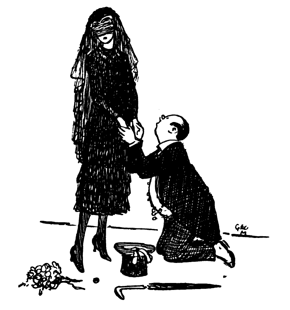 A drawing of a man with a black suit kneeled before a woman dressed in black and with a veil, lokking away from the man.