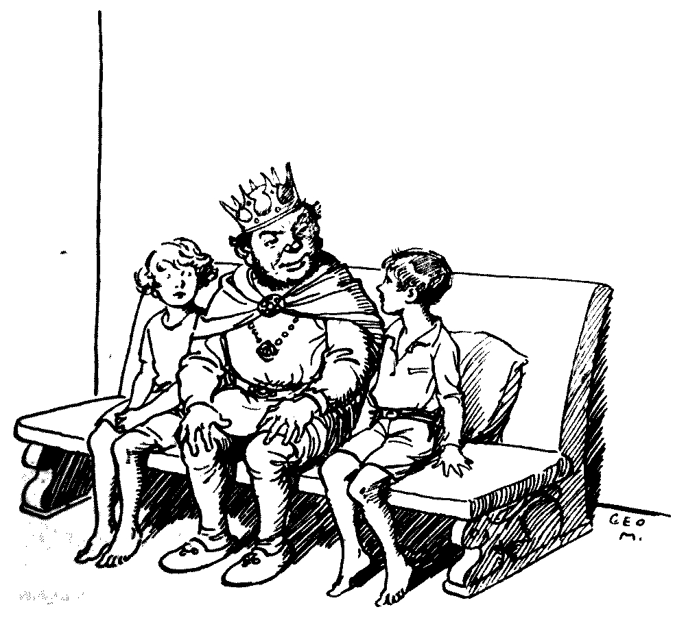 A drawing of two children sitting in a bench with a king in the middle of them.