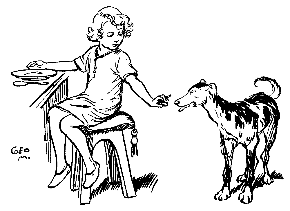A drawing of a child giving a piece of meal scrap to a dog.