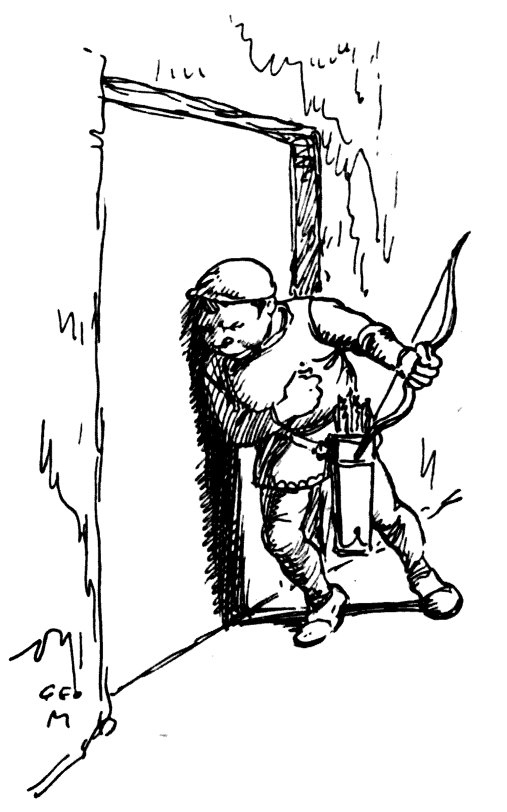 A drawing of a snerg using his body to hold a door.