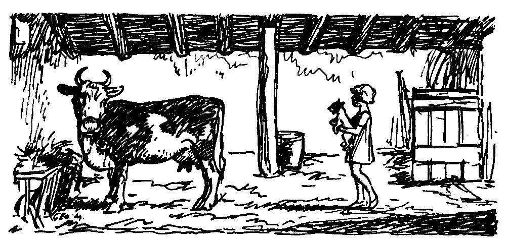 A drawing of a girl holding a dog and looking at a cow.