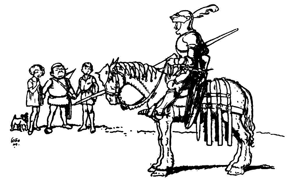 A drawing of two children and a snerg staring at a knight, who also stares at them.