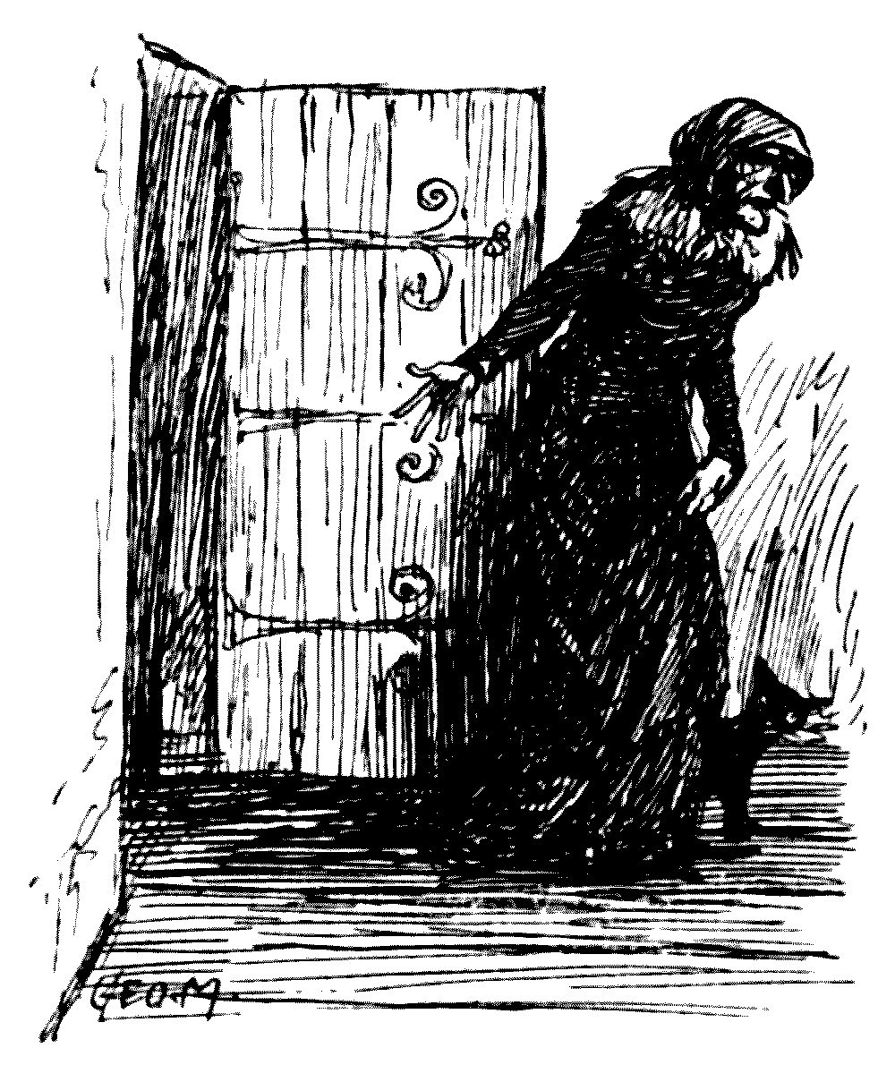 A drawing of a woman pointing to an open door.