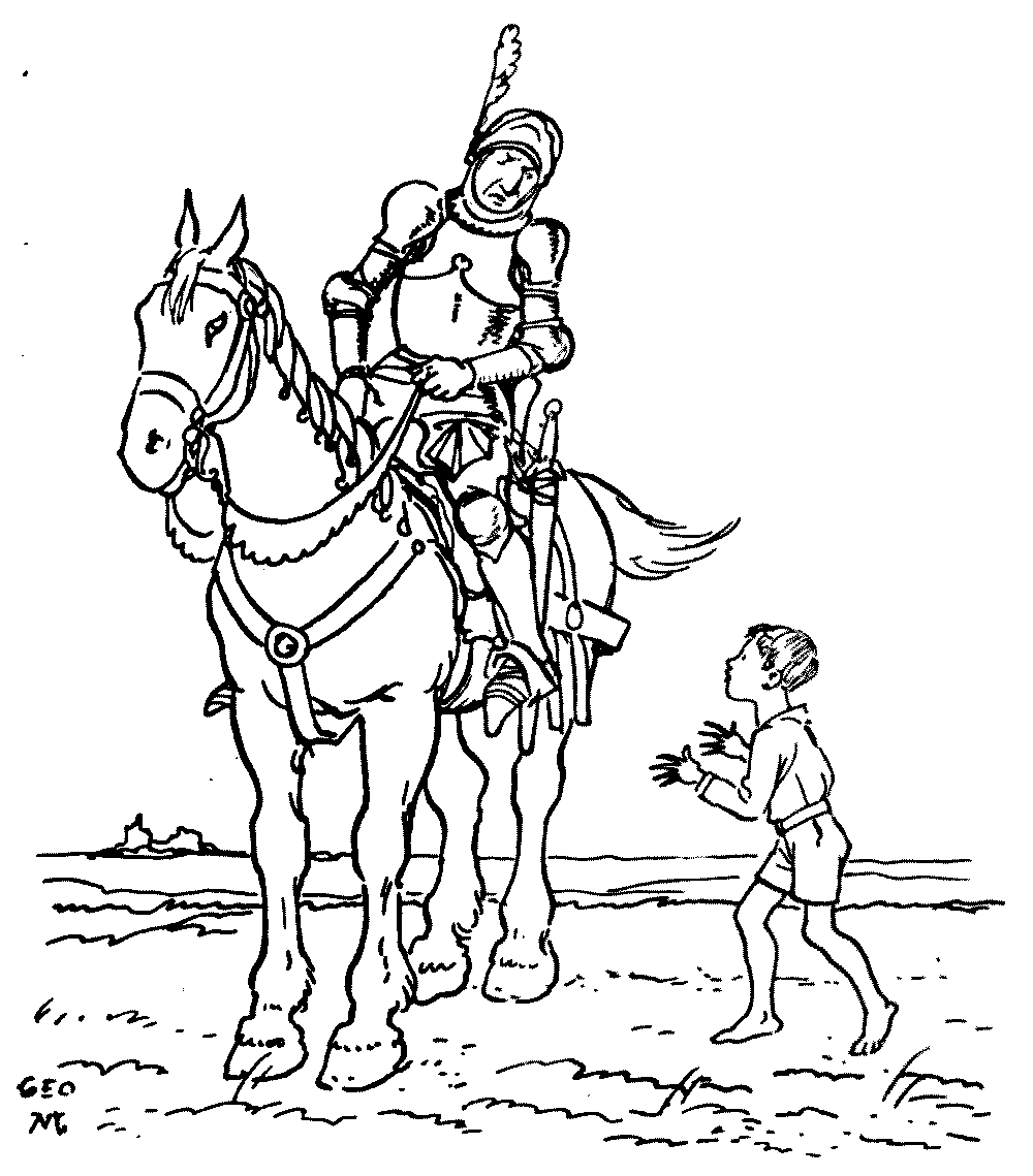 A drawing of a knight on horseback looking down on a child.