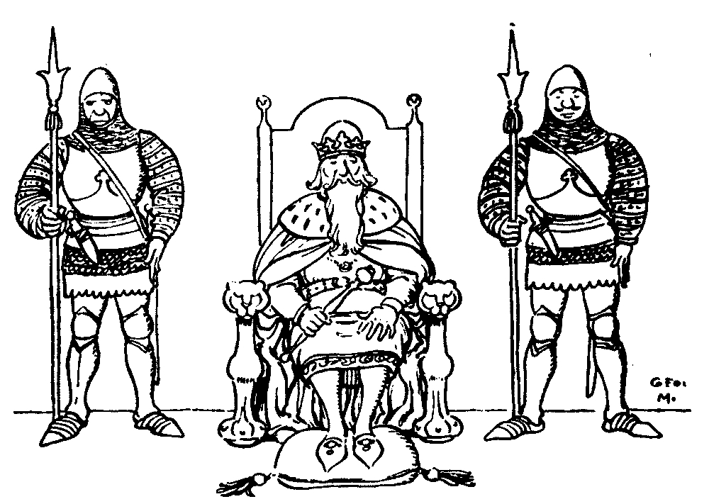 A drawing of a king sitting on a throne with guards on both sides.