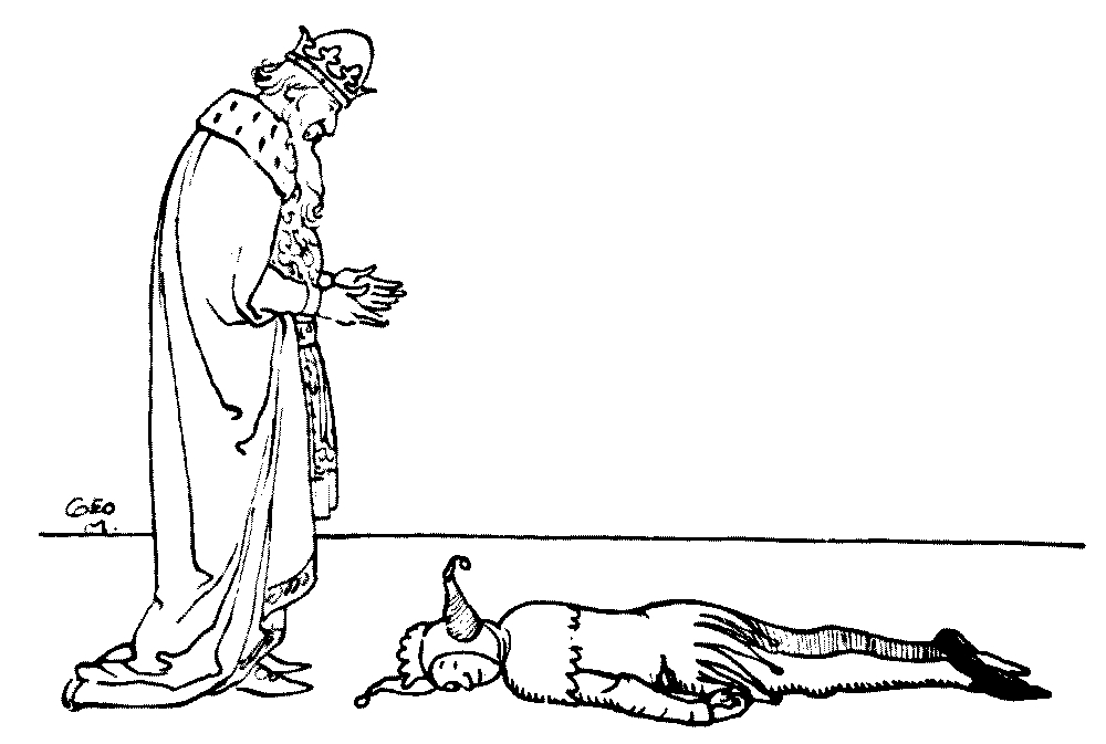 A drawing of a king looking at a downed jester.