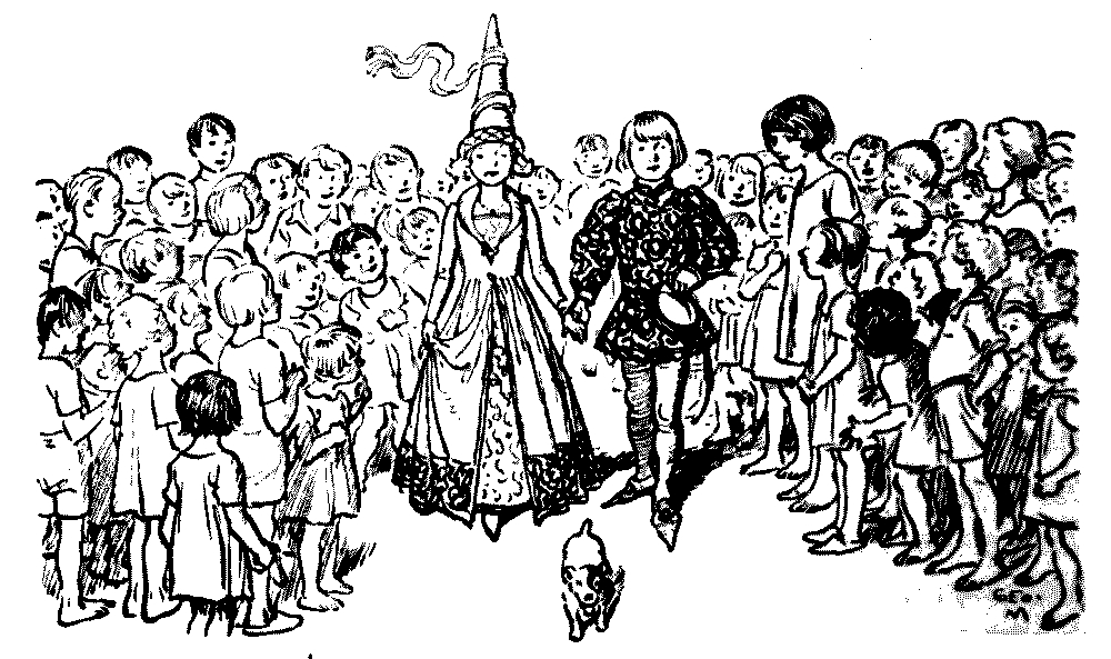 A drawing of two children with nobles' clothes walking between a crowd.