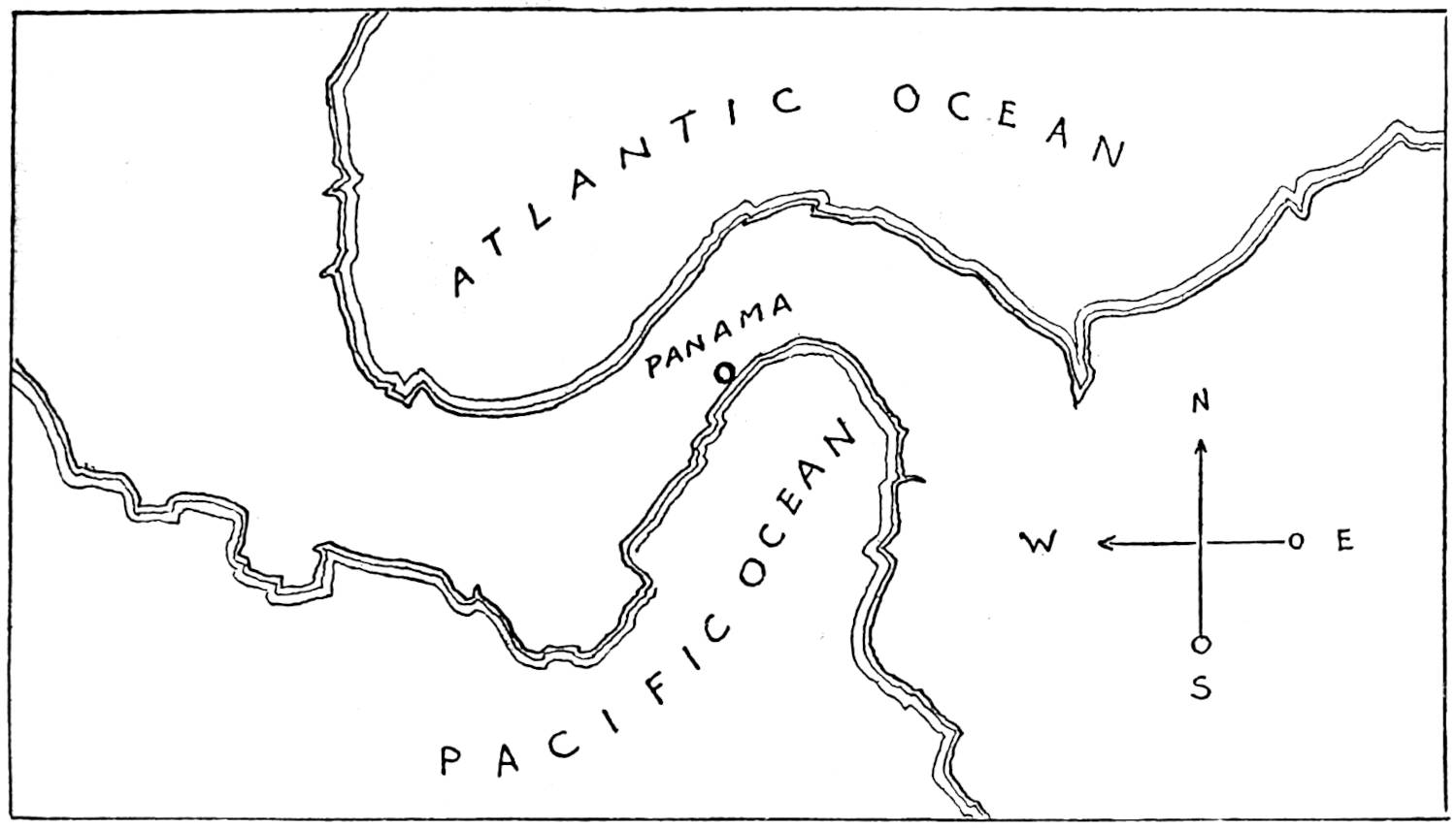 Map of isthmus of Panama showing Atlantic and Pacific Oceans