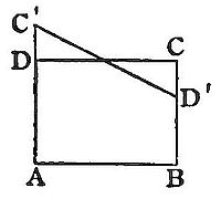 A rectangle ABCD with two crossing diagonals inside, plus point C' above D and D' on the right side, illustrating a proposition about diagonals, rectangles, and points displaced from the corners.