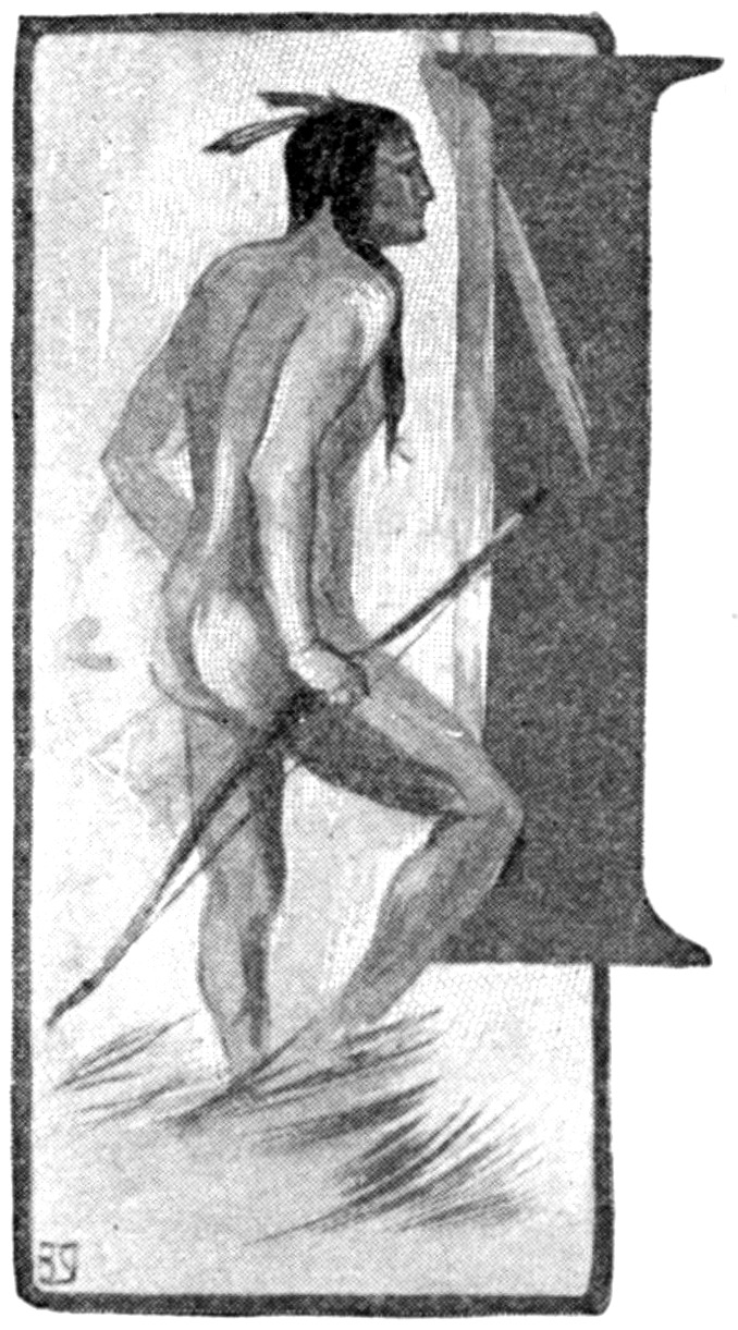 Black and white half-tone sketch in which a large letter I overlaps the right side of a box. Inside the box is a three-quarter rear view of an Indian. He faces the letter I and stands in grass above his ankles. He wears two feathers in his hair and carries a bow in his right hand. This sketch is used as an illustrated capital letter to the beginning of the poem.