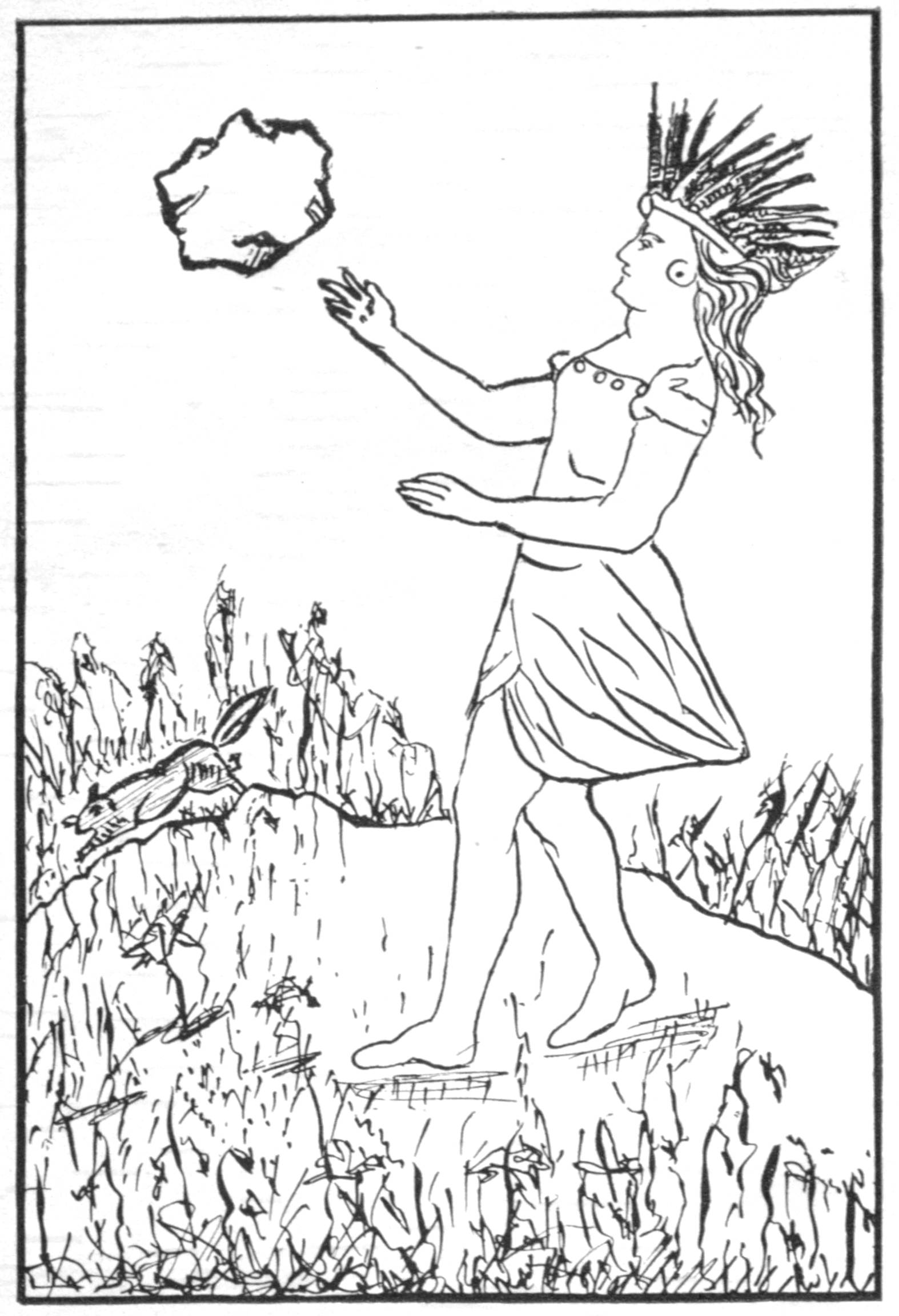 This is a black and white sketch of Kulóskap. He is standing on a small hill, facing left, both arms extended, and his left foot in front of his right. Among the indistict undergrowth in front of him is a beaver running away. In the air above Kulóskap's right hand is a large rock that he has just thrown.