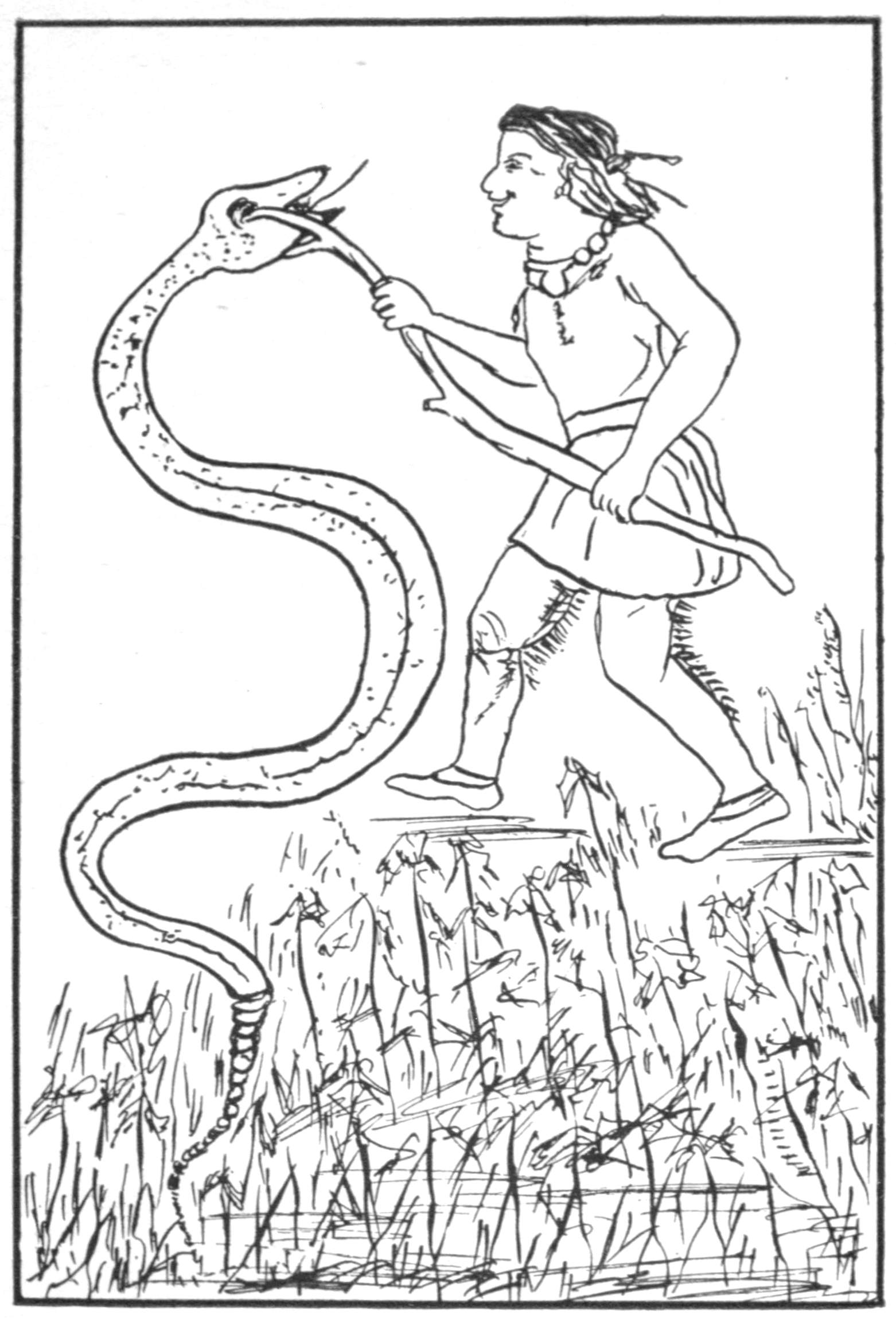 This is a black and white sketch. On the right side, a lad stands on the grass, facing left. On the left side, a sinuous snake extends upwards from the grass to the level of the lad's head. The lad holds a forked stick with both hands and rams the fork into the mouth and head of the snake.