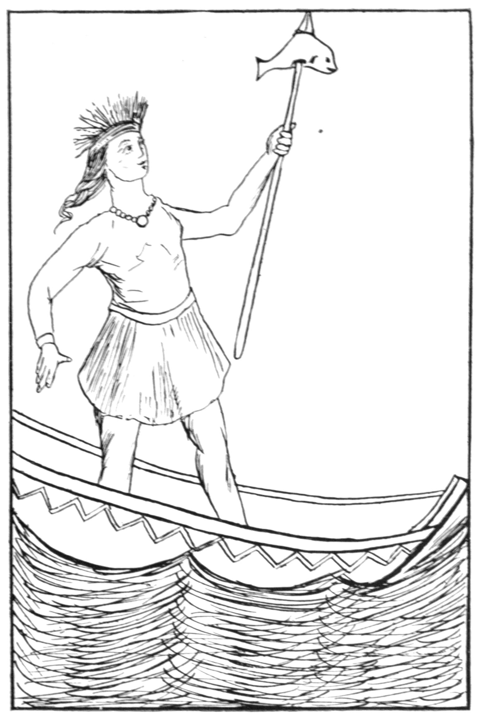 Black and white sketch of Kulóskap standing in a canoe on the sea. In his left hand he holds up a spear with a fish on the end of it.