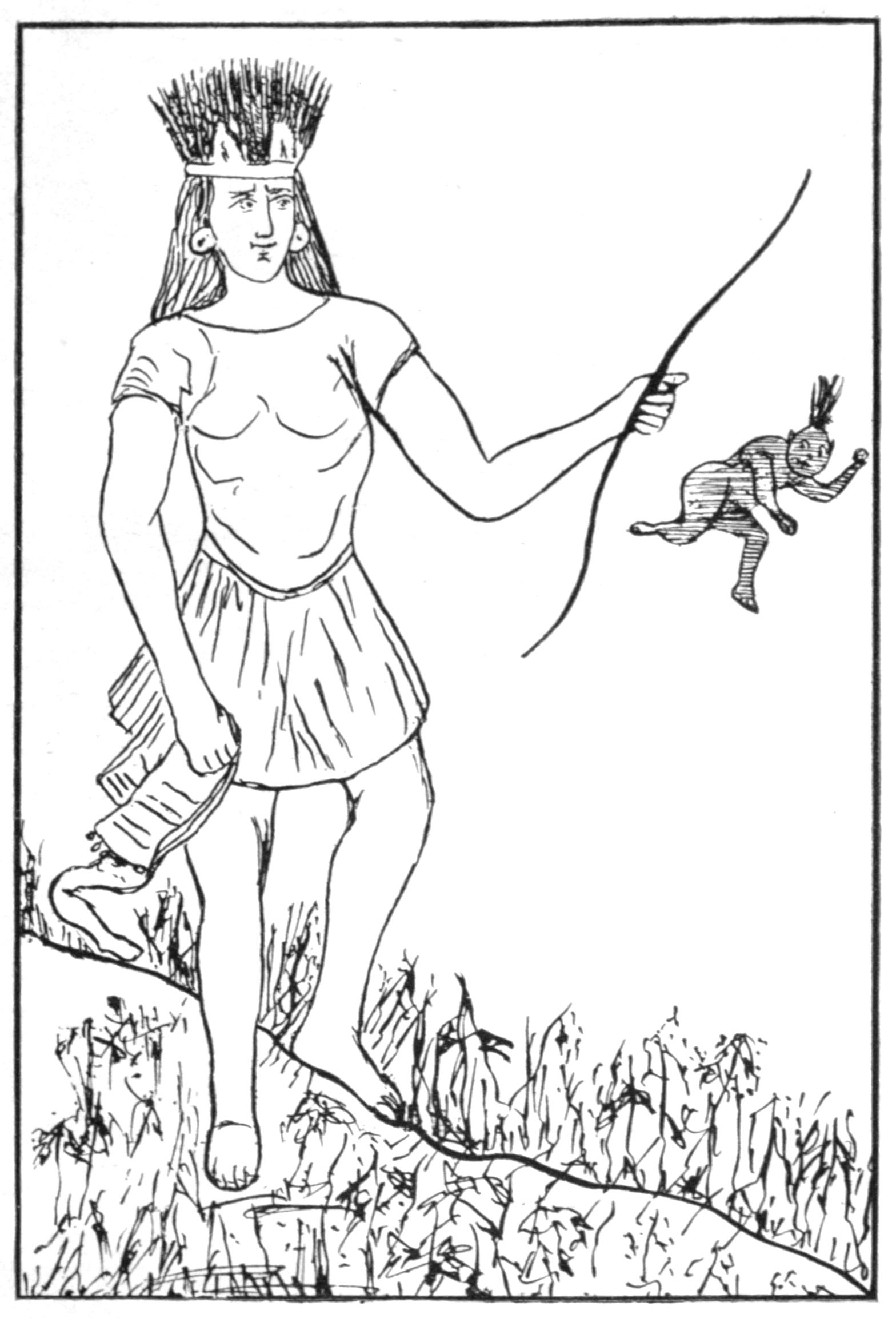 Black and white line drawing of Kulóskap standing on a gentle hillside. He holds a bow in his left hand. A small figure of Winpe is falling to the ground below the bow.