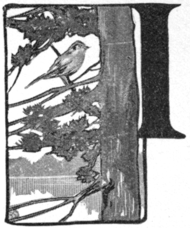 Black and white half-tone sketch abuts the letter I, on the right. The trunk of a tree extends the length on the right side. Branches extend to the left, on one of which is a songbird. In the background is water and a distant shoreline. This sketch is used as an illustrated capital letter to the beginning of the poem.