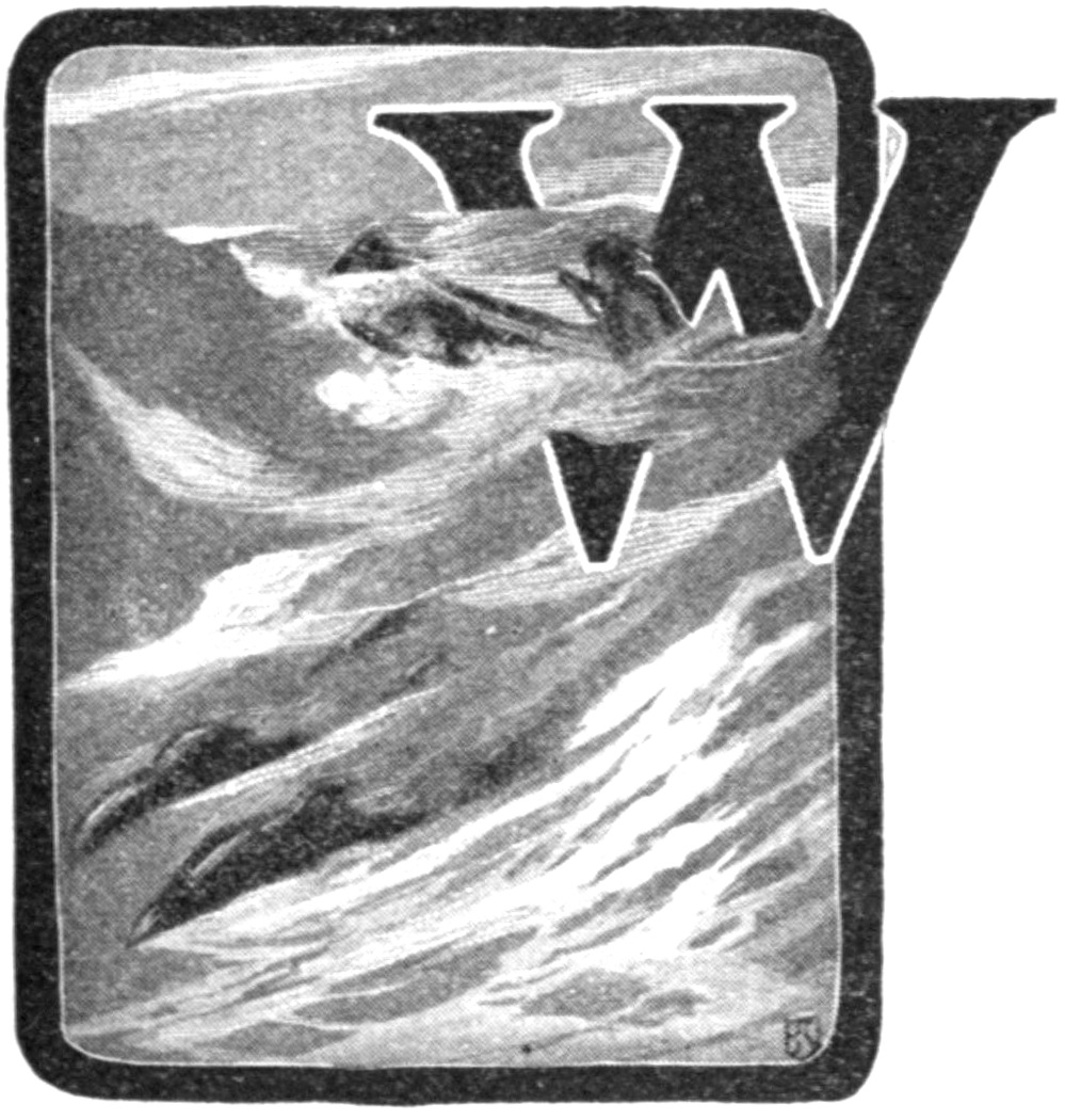 Half-tone black and white sketch with a W extending across the right border. Inside the border are waves crashing into a rocky hillside and two dophins riding the waves. This sketch is used as an illustrated capital letter to the beginning of the poem.