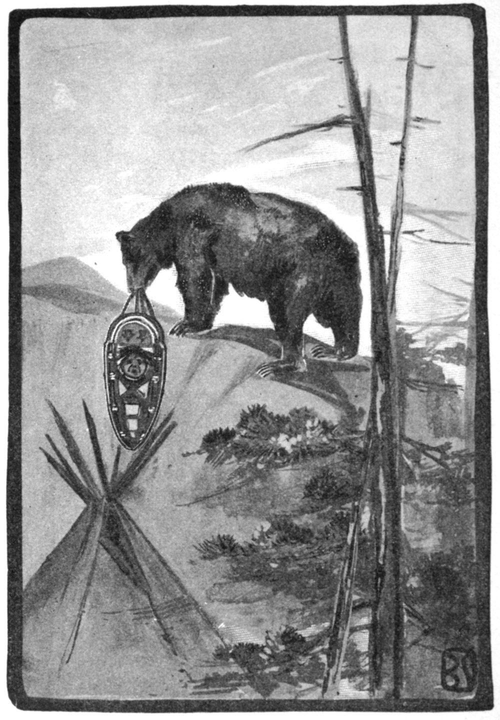 Half-tone black and white sketch of a bear holding in its mouth an Indian papoose cradle with a baby's head visible in the cradle. The bear walks along the ridge of a hillside. At the bottom left of the sketch is a wigwam. Several trees extend up the right side of the sketch.