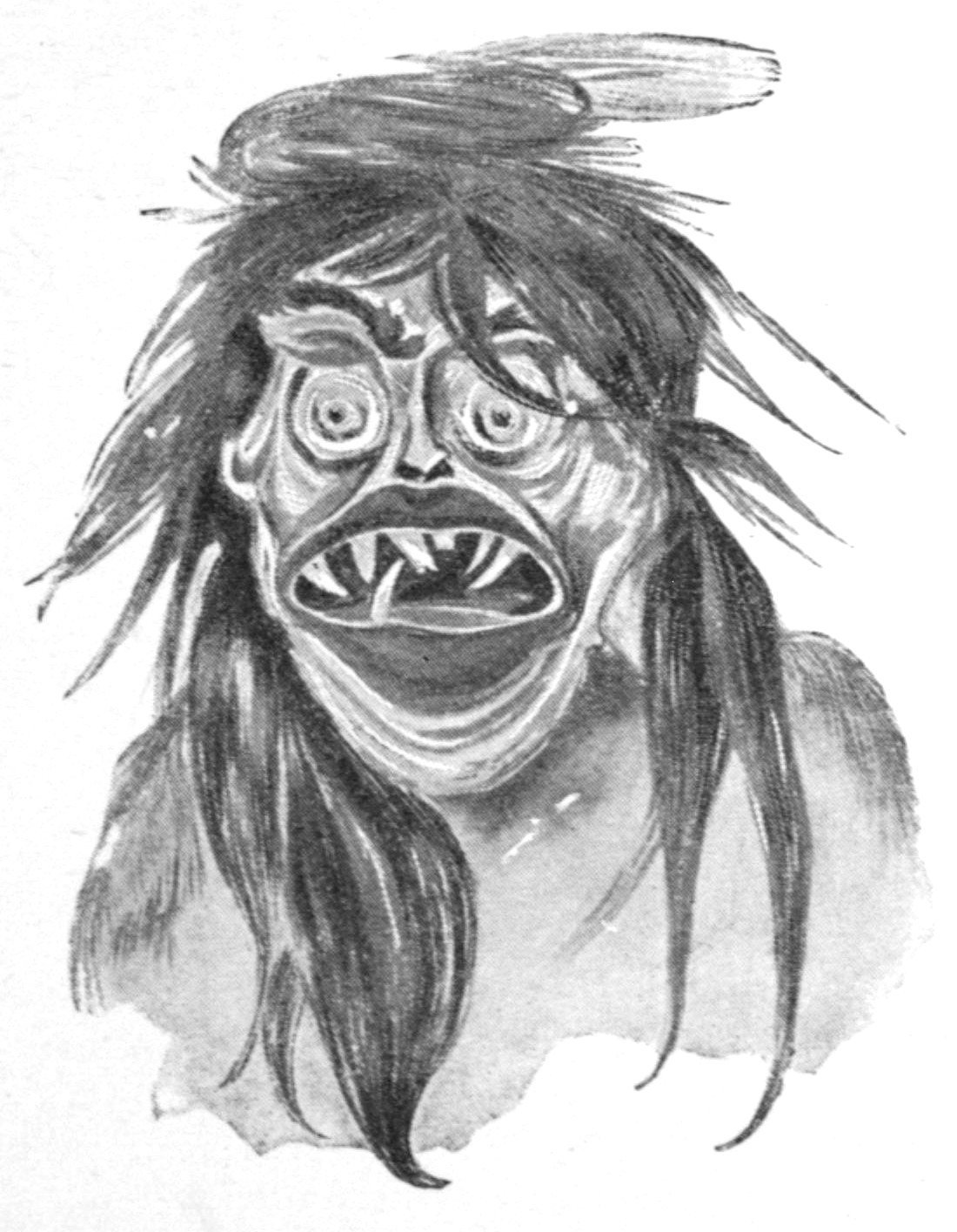 Half-tone black and white sketch of the head of an Indian wearing a ferocious mask. The lips are heavily painted and the mouth is open displaying long, crooked teeth. The eyes are wide open with circles around them. The eyebrows are heavily formed. The mask has long hair, blown to the sides at the top, and hanging over the shoulders toward the bottom.