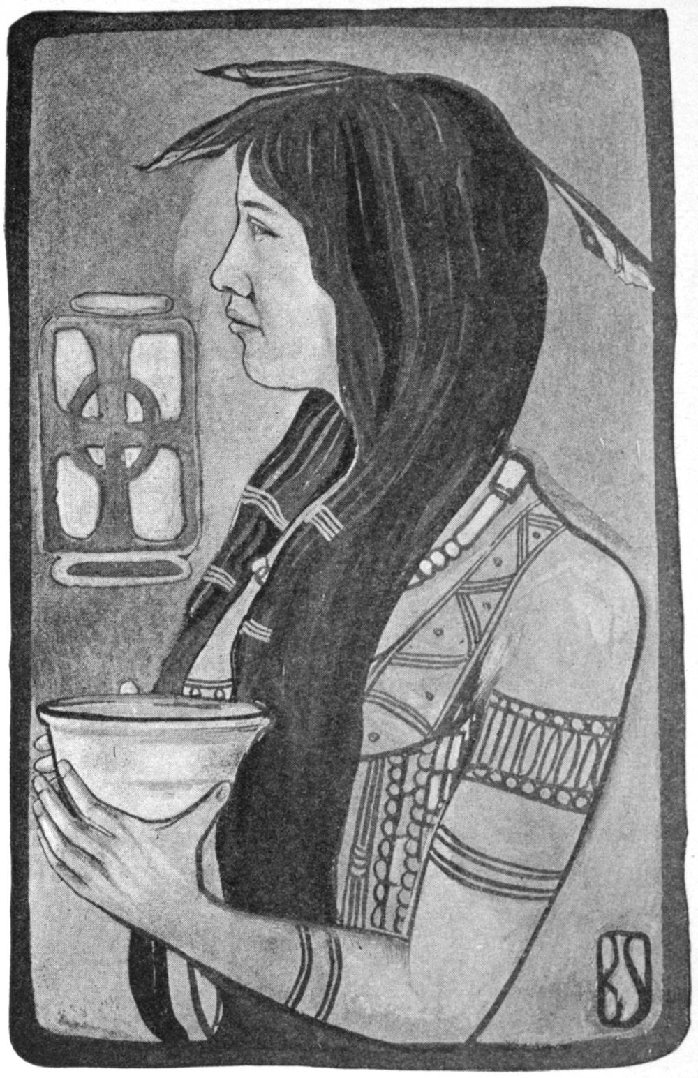 Half-tone black and white image of the head and torso of an Indian woman. She has three feathers in her hair. She looks to the left and holds a bowl with both hands. Her neck, arms and chest are decorated with beadwork.
