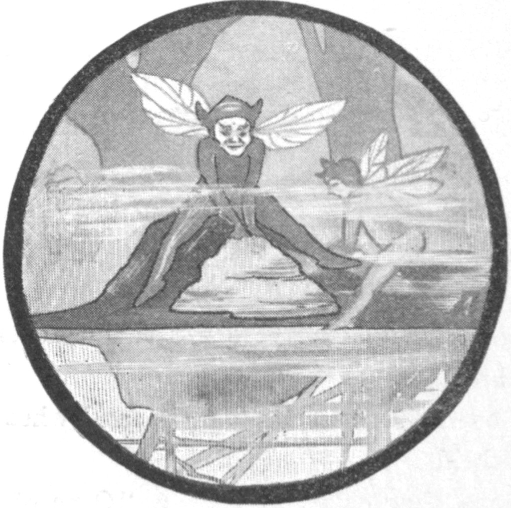 Circular half-tone black and white sketch. In the center, a winged river elf, wearing a cap with small horns, straddles a low bridge. A second winged river elf is to the side of the bridge. In the background is indistinct vegetation, reflected in the waters below the bridge.