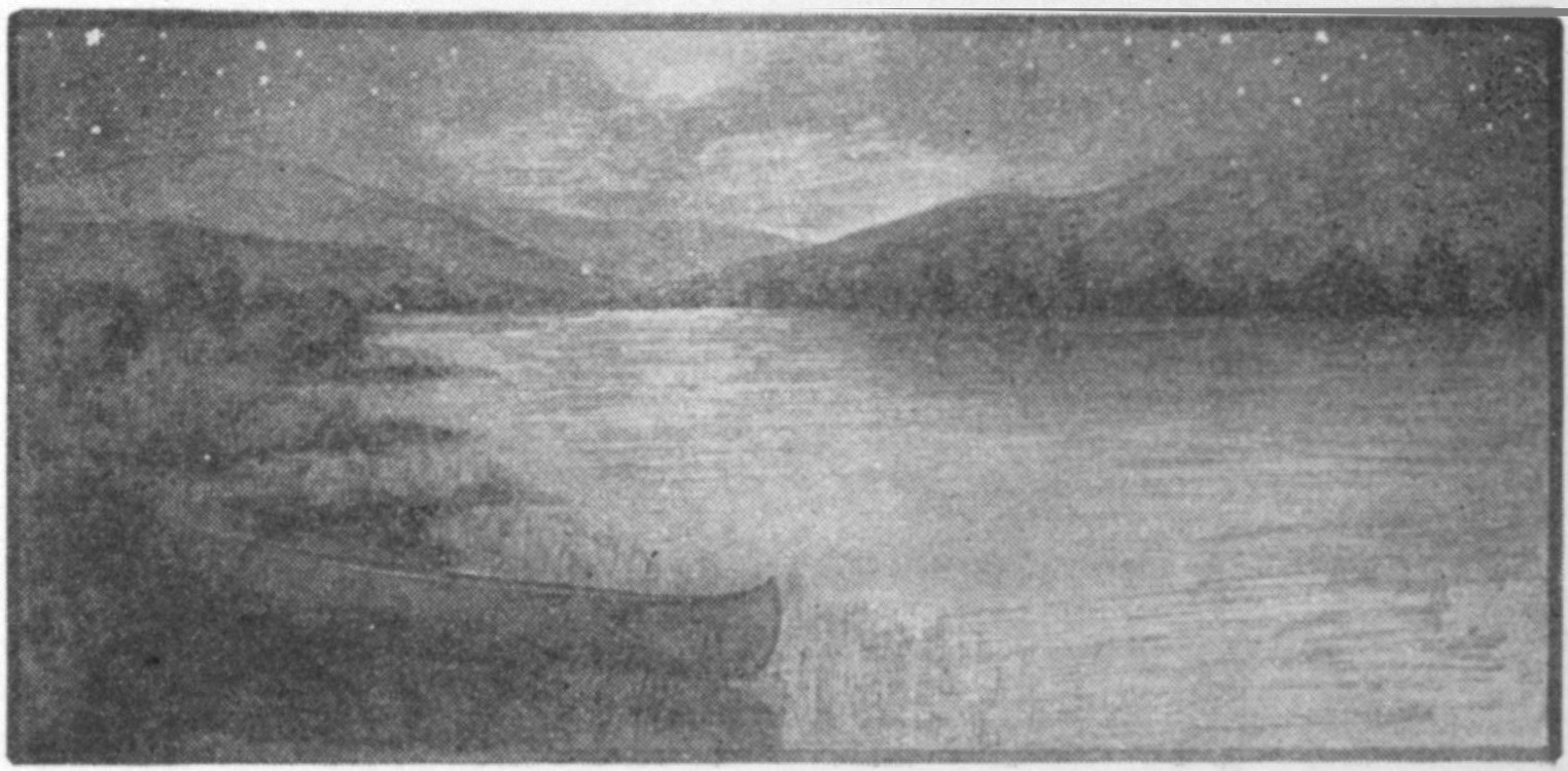 Half-tone black and white sketch of a lake at night. Stars dot the sky above hills in the background. Moonlight shines on the placid water. In the foreground, a canoe is beached at the left side.