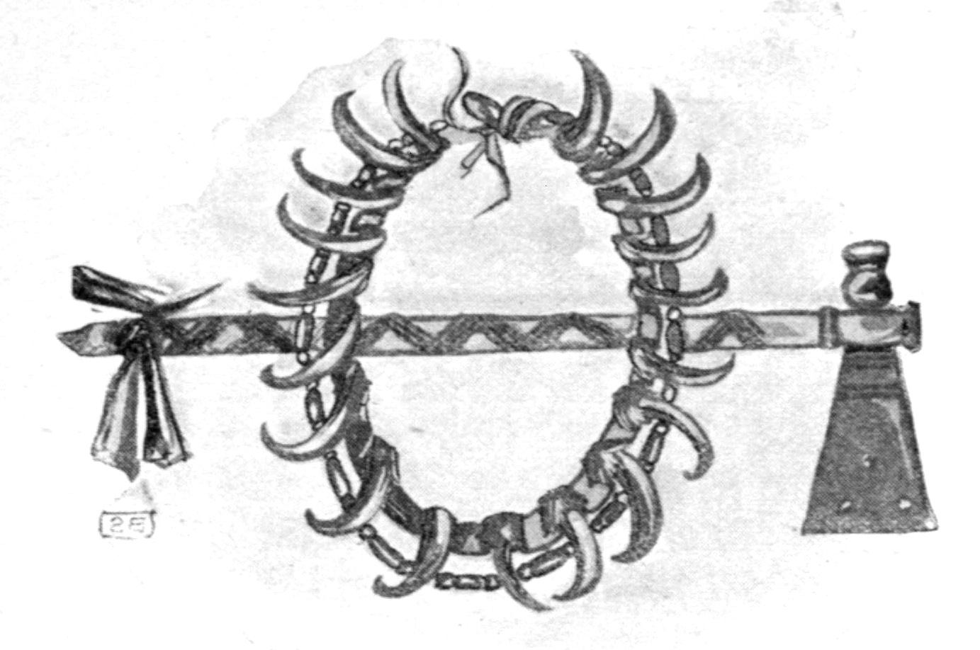 Half-tone black and white sketch. It is a mirror image of the prior sketch of the hatchet and necklace. Here, the hatchet blade is to the right.
