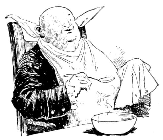 A vintage pen-and-ink drawing of a jolly, bald man sitting in a chair with a large napkin tucked into his collar, holding a spoon over a steaming bowl of soup.