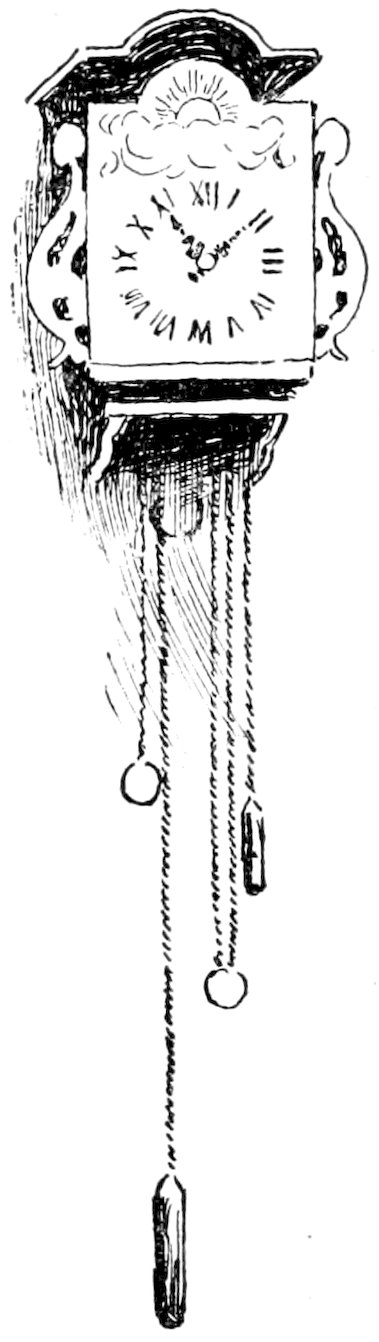 A vintage pen-and-ink drawing of a wall-mounted cuckoo clock with Roman numerals, decorative scrollwork, and three long hanging weights.