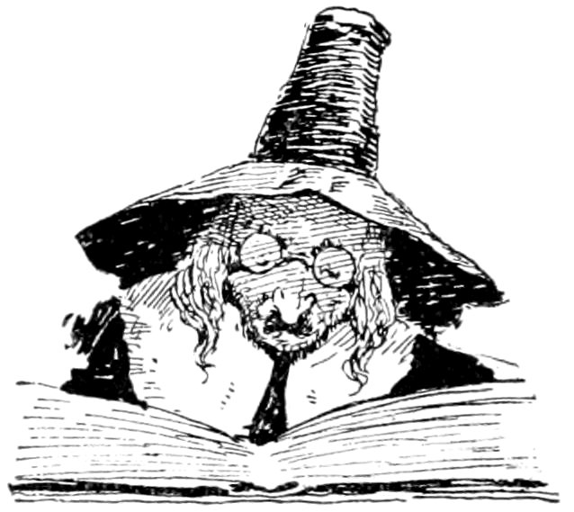 A vintage pen-and-ink drawing of an eccentric-looking person with round glasses and a very tall, pointed hat, peeking over the top of an open book.