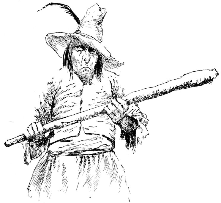 A vintage pen-and-ink drawing of a grumpy-looking man with a goatee, wearing a tattered coat and a wide-brimmed hat with a feather, holding a large wooden club with both hands.