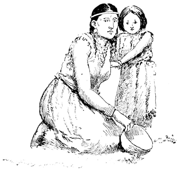 A vintage pen-and-ink drawing of a woman kneeling on the ground holding a small bowl, with a young child standing close beside her.