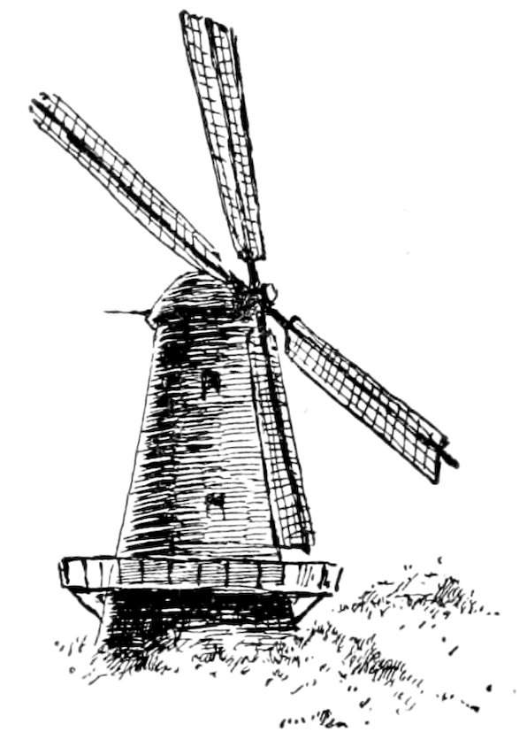 A vintage pen-and-ink drawing of a traditional tower windmill with four large sails, standing on a small grassy mound.