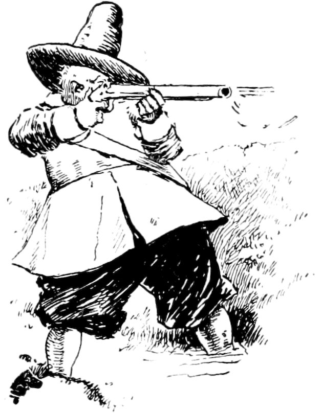 A vintage pen-and-ink drawing of a man in 17th-century attire, wearing a tall hat and puffy breeches, aiming a long-barreled musket or pistol.