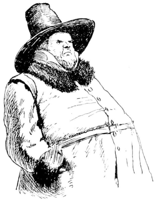 A vintage pen-and-ink drawing of a stern, portly man in 17th-century attire, wearing a tall hat, a fur-collared coat, and a belted tunic.