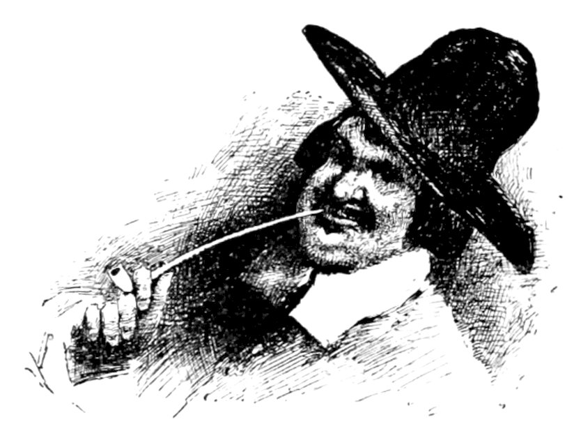 A vintage pen-and-ink drawing of a man with a mustache wearing a large, dark, wide-brimmed hat and smoking a long-stemmed pipe.
