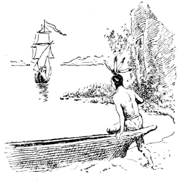 A vintage pen-and-ink drawing of an Indigenous person with a feathered headdress sitting on the edge of a dugout canoe on a beach, watching a European sailing ship in the distance.