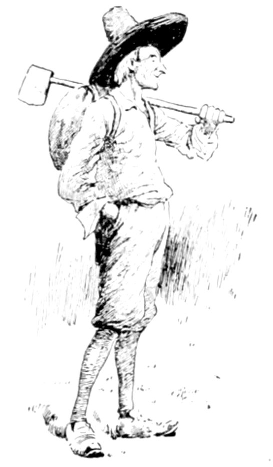 A vintage pen-and-ink drawing of a slender man in 17th-century peasant attire, smiling as he carries a sack and a mallet or large hoe over his shoulder.