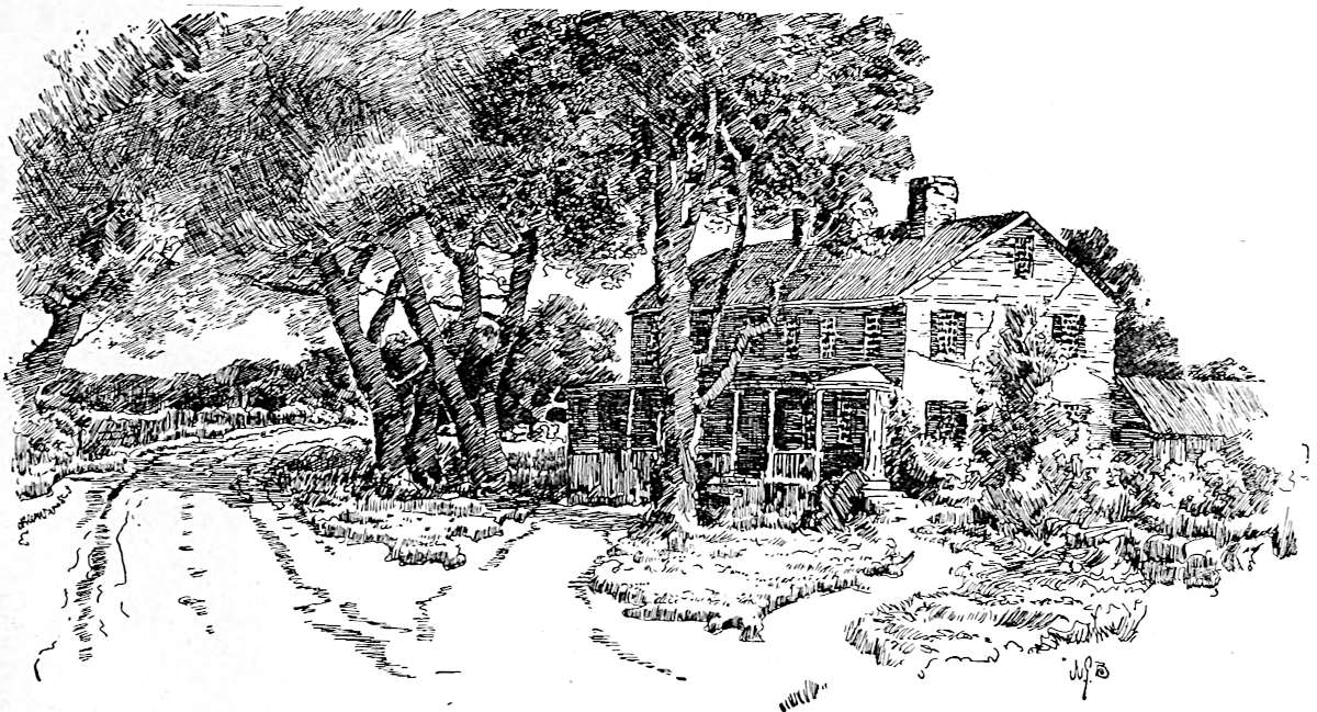 Image of a large two-story wooden house with a porch across the front, under large trees, and beside a road