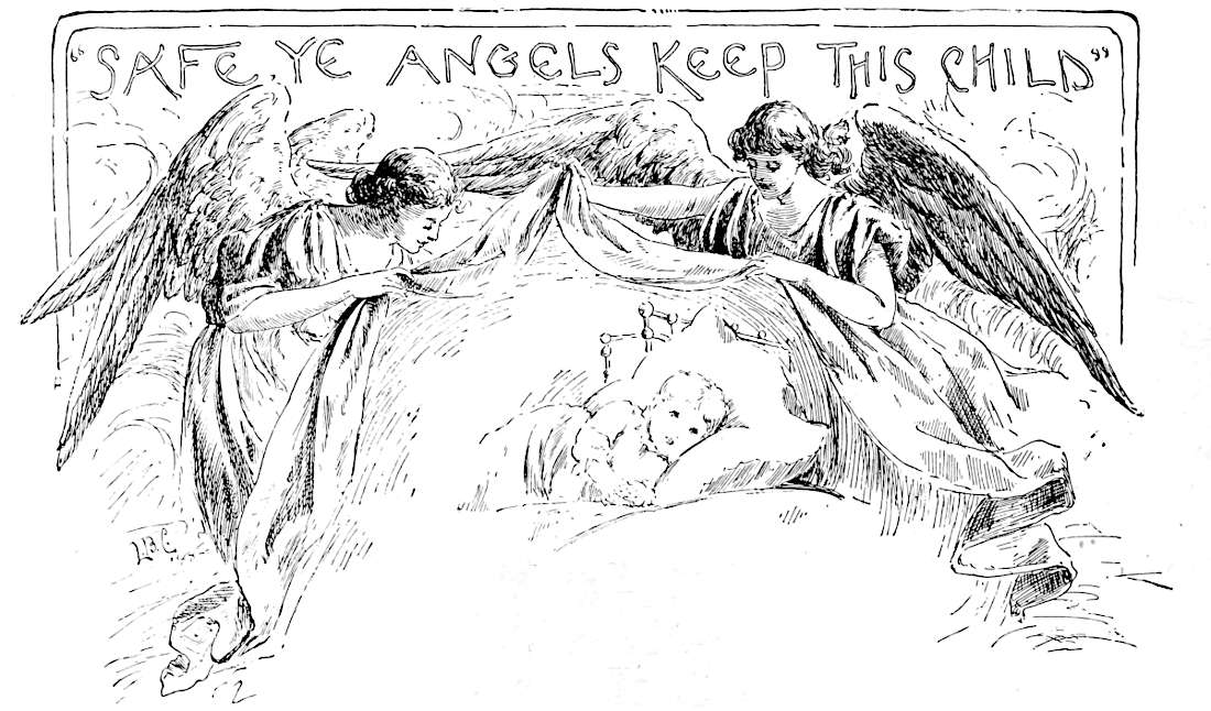 Image of two angels draping bedcovers over a young child.