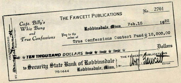 A Fawcett Publications check for $10,000, made out to the True Confessions Contest Fund