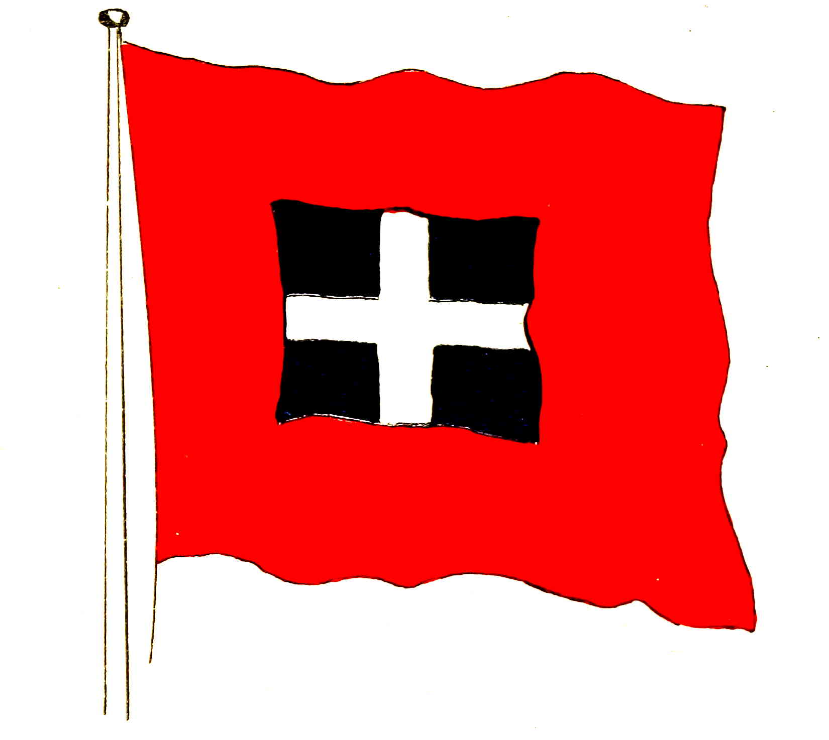 large red flag with a black square containing a white cross