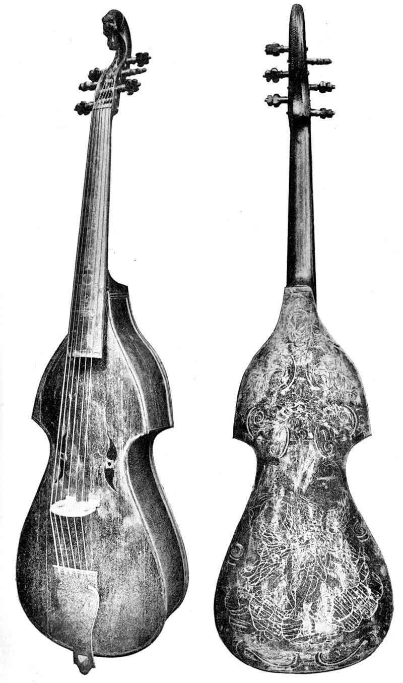 Picture of an old violin back and front.