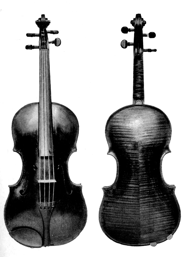 Picture of an old violin back and front.