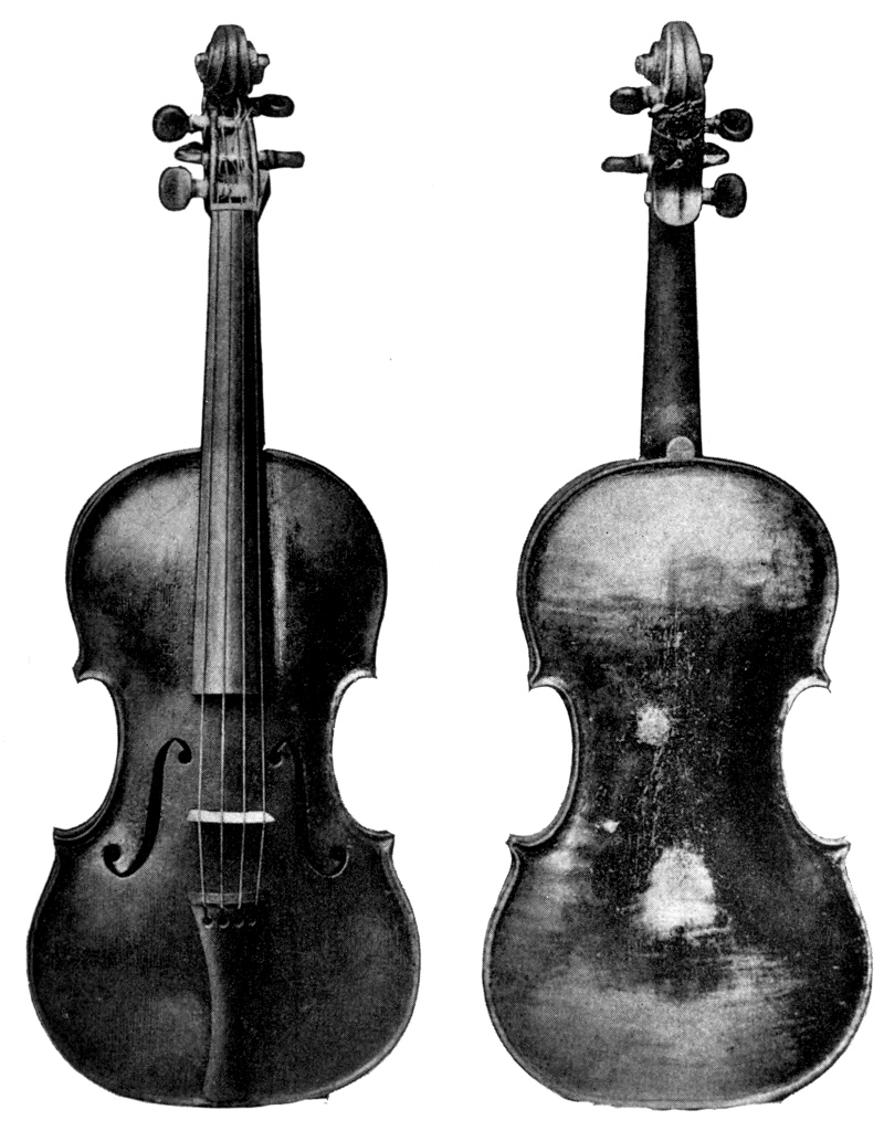 Picture of an old violin back and front.